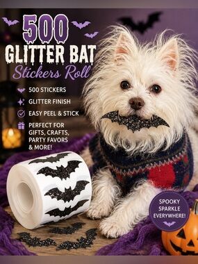 🦇 500 Glitter Bat Stickers Roll | Halloween Seals | Party Favor & Gift Wrap